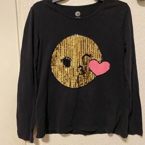 total girl Black Long-Sleeve Top with Gold Sequin Emoji and Pink Heart